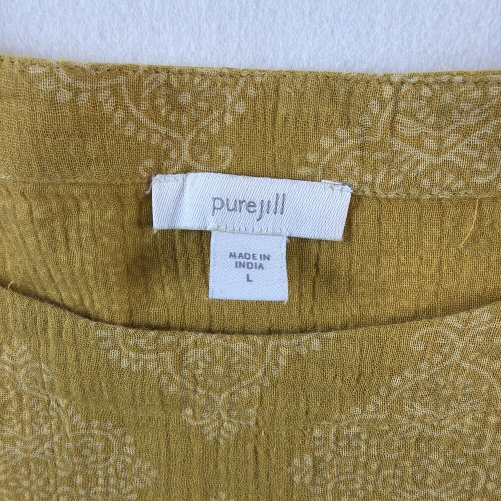 J Jill Blouse L Yellow Gauzy Block Print Top Pure Jill Cotton Boho Batik Tunics - Picture 5 of 7